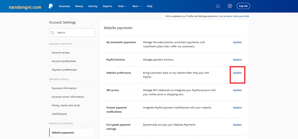 此图显示了“网站”首选项选项的“更新”按钮，以获取PayPal的身份令牌。