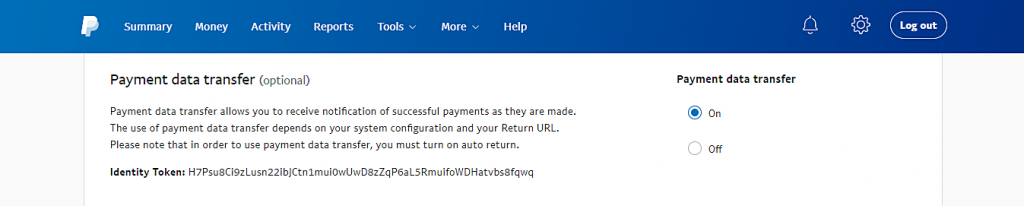 在wordpress自建站WooCommerce上设置PayPal支付插图(2) 此图显示了如何启用付款数据传输并获取身份令牌,您将使用该令牌在WooCommerce上配置PayPal。